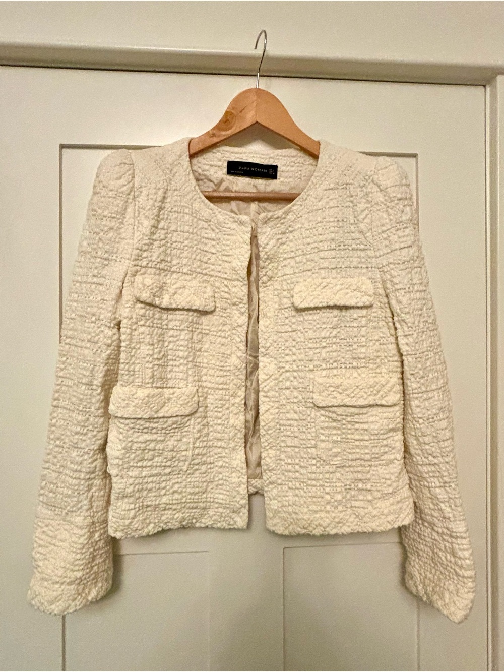 Zara Woman Cream Textured Bouclé Jacket L